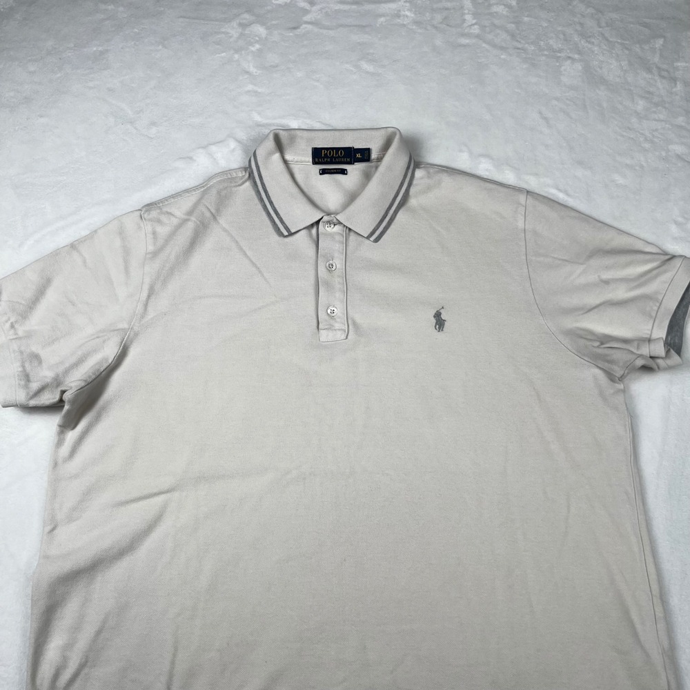 Polo Ralph Lauren Mens XL Custom Fit Polo Shirt Beige Grey Pony Tipped Collar